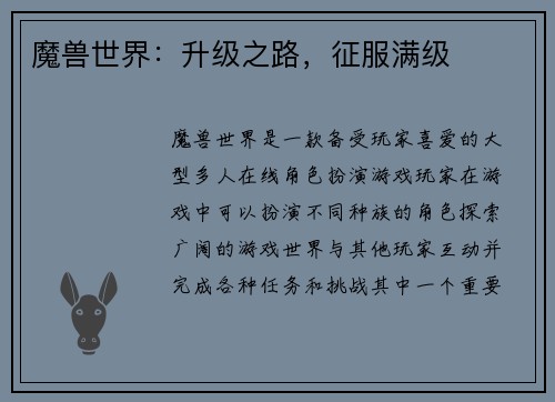 魔兽世界:升级之路,征服满级